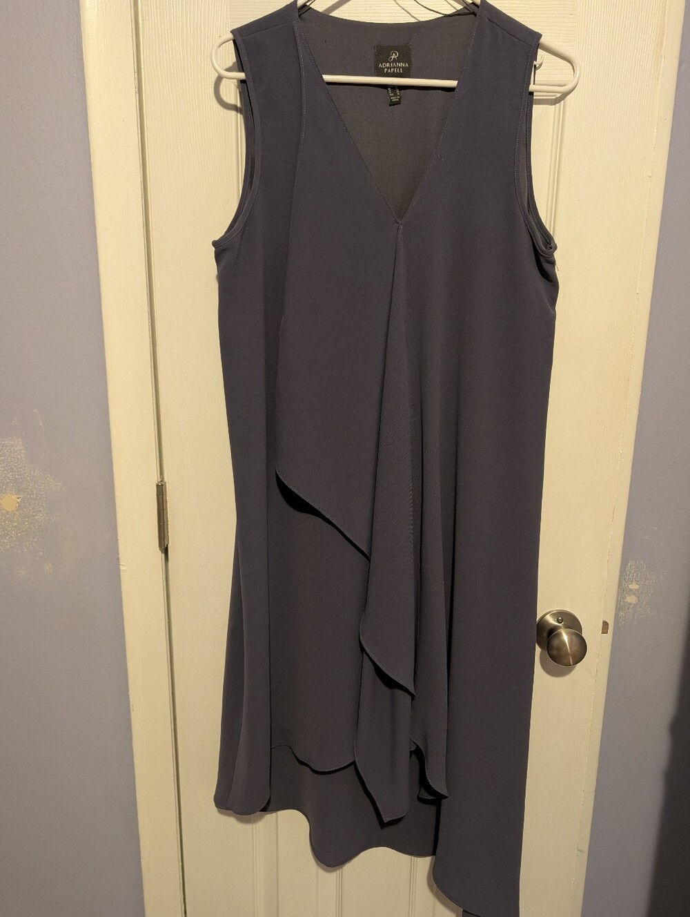 Adrianna Papell Slate-Blue Sleeveless V-Neck Cascade Dress Size 12
